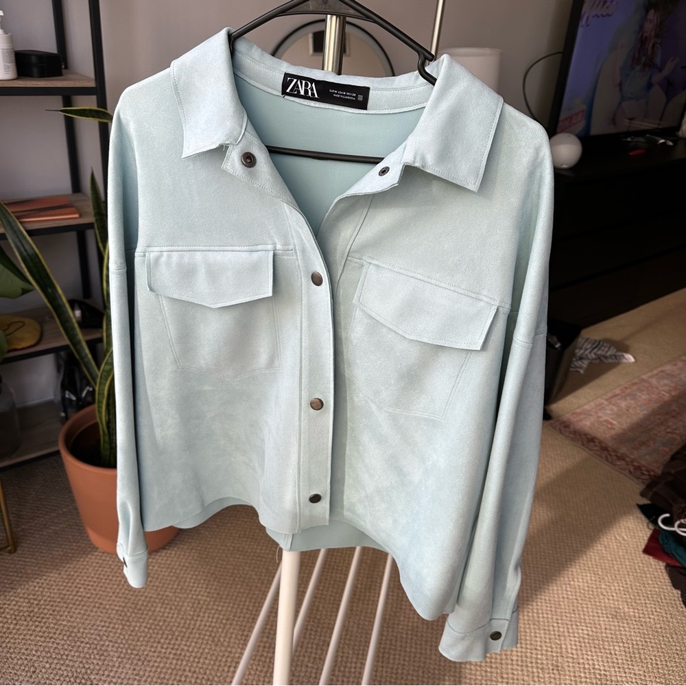 Zara women’s blue button and top long sleeve shirt jacket suede size medium